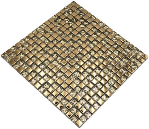 Mosaik Fliese Transluzent Glasmosaik Crystal EP Gold Glas für WAND BAD WC DUSCHE KÜCHE FLIESENSPIEGEL, Mattengröße: 300x300 = 0,09 qm, Steingröße: 15x15x8 mm - 1 Matte