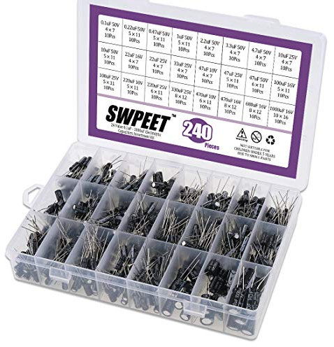 Swpeet Lot de 240 condensateurs électrolytiques de 24 types différents, gamme 0,1 uF-1000 uF, assortiment de condensateurs électrolytique
