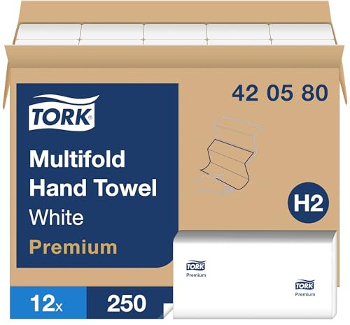Tork Multifold Hand Towel White, Premium Quality, 250 Towels per Pack, 12 Packs, Fits H2 Towel Dispensers
