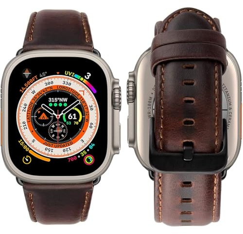 MroTech Lederarmband Kompatibel mit Apple Watch Armband 49mm 44mm 45mm 46mm,Echte Leder Armband für Apple Watch Ultra2 Ultra SE2 SE Serie 10 9 8 7 6 5 4 3 2 1 Ersatzband 44/45/46/49 mm,Kaffee