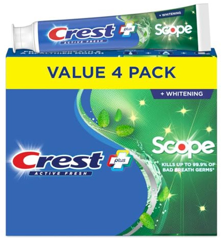 Crest + Scope, Active Fresh, Teeth Whitening Toothpaste for adults, 5.5oz 4 pack, Bad Breath Treatment, Breath Freshner, for Sensitive Teeth, Deep Stain remover, Travel Size Toiletries