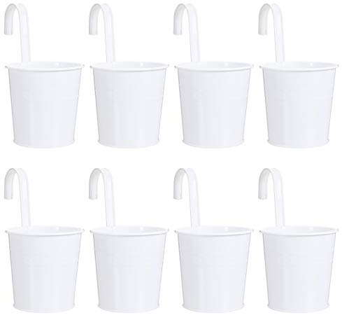 BESTonZON 8PCS 10cm Metal Hanging Plant Pots with Detachable Hook, Hanging Plant Pots with Drainage Hole, Fence Pots Garden Planter Bucket Holder for Balcony Fence Railing Garden