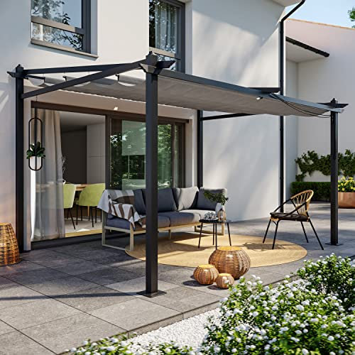Avril Paris Tonnelle Pergola Murale en Aluminium 3x4m Anthracite - Toile en Polyester Coulissante Rétractable Grise - Pergola Jardin Exterieur - Résistante aux UV - Lisboa