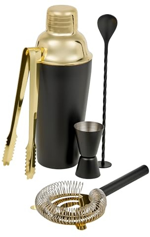 Homiu Cocktail Shaker Set Black and Gold 5-Piece, Stainless Steel Contains Shaker, Double Jigger, Ice Tongs, Strainer, Bar Spoon, and Cocktail Recipe Book in Gift Box, Bartender Accessories