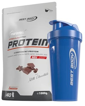 1kg Best Body Nutrition Gourmet 4 Komponenten Protein Eiweißshake - Set inkl. Protein Shaker/Gratiszugabe (Milk Chocolate, Best Body Shaker - Blau)