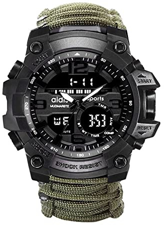 XHJL Digital armbandsur, taktiska militära nödklockor unisex med paracord/visselpipa/tändare/skrapa/kompass och termometer, utomhusutrustning 6-i-1, grön, sport