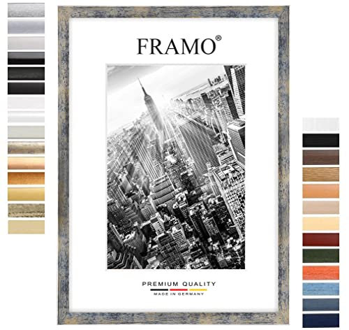 FRAMO Holz Bilderrahmen 37,5 x 98 cm nach Maß - Blau Silber Gold | Farbe/Größe wählbar | inkl. entspiegeltes Acrylglas | Rahmen für Puzzle | Foto | Poster
