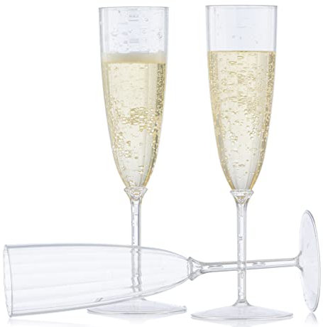 Decor Decorline - 48 x Flûtes à champagne en verre à pied en plastique Dur de Qualité Supérieure, Verres à Champagnes pour Mariages et Fêtes, 170 ml paillettes d'argent - Réutilisables et Stables…