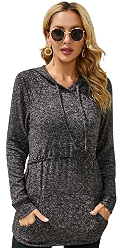 Sosolism Stillpullover Damen Langarm Stilltops Langarm Stillshirt mit Tasche,Dunkelgrau,Größe L