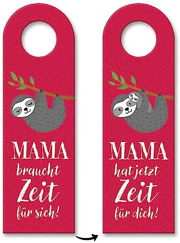 Mama braucht Zeit für sich Türhänger in rot mit Faultier zum Muttertag, um Mama auch mal Ruhe zu gönnen als kleine Aufmerksamkeit von der ganzen Familie oder den Kindern