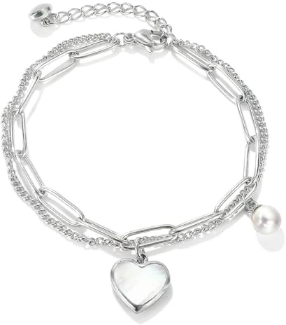 Emibele Charme Herzförmig Armband für Frauen Mädchen, Titanium Love Armband mit Karabinerverschluss, Doppelte Feine Kette & Büroklammer Armband Schmuck