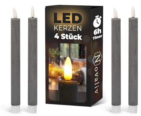 Stabkerzen LED mit Timer GRAU 4 Stück GRAU indoor - 6 Stunden - ECHTWACHS 23cm Höhe für Kerzen 2,2cm Durchmesser 2 AAA Batterien notwendig LED Stabkerzen flackernde Flamme bewegliche Flamme Licht
