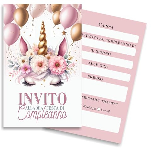 GHIBLI Biglietti Invito compleanno unicorno per bambini in italiano. Set 20 inviti cartoline unicorno per festa di compleanno bambina bambino con recapiti per conferma partecipazione alla festa