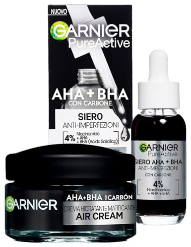 Garnier Air Cream Crema Viso Idratante Matificante AHA BHA con Carbone 50ml + Garnier PureActive Siero Anti Imperfezioni con Carbone Niacinamide AHA BHA Trattamento Brufoli Punti Neri da 30ml