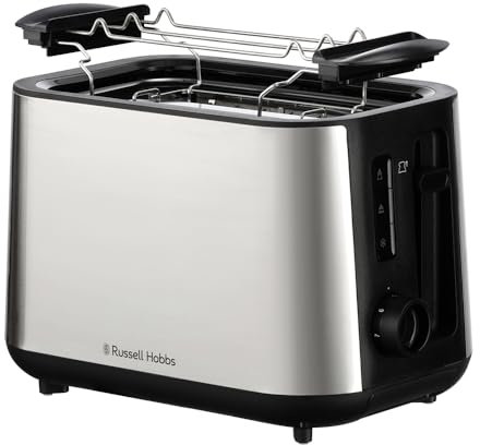 Russell Hobbs 27390-56 Tostapane, Design 2 Fette, Fessure Extra Larghe, 6 Dorature, Lift And Look, Scongela, Riscalda, Cancella Opzioni, Vassoio Briciole Rimovibile, Scaldapanini, Inox, Heaton