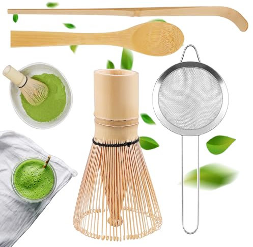 Sporgo Juego de batidores de matcha, juego de 4 accesorios para ceremonia de té matcha japonesa, pala tradicional, batidor de té de bambú, cucharilla, colador de té, batidor de matcha para ceremonia
