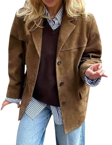 CUTeFiorino Chaqueta de ante sintético para mujer, chaqueta de piel de ante con cuello de solapa, chaquetas de invierno, chaqueta de cuero marrón, manga larga, moda, ante de piel, trajes, chaquetas