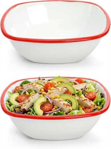 Elsjoy 2 Pack 20cm Square Enamel Bowls, 1.3L Large Capacity Vintage Red & White Enamelware - Dishwasher Safe Metal Bowls for Salad, Pasta, Cereal, Soup, Snacks, Camping