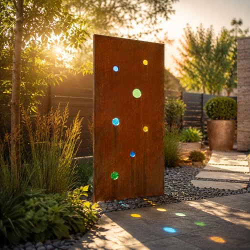 Zen Man Edelrost Sichtschutz Garten aus Metall mit Glas | Rost Gartenzaun, 1mm Stahl, 17,5kg, Handarbeit, wetterfest 032168（032168-4，B75：H180）
