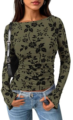 PRETTYGARDEN Women Long Sleeve Floral Mesh Tops Blouse 2026 Fall Trendy Boat Neck Ruched Spring Shirt Going Out Date Outfits (Army Green,Medium)