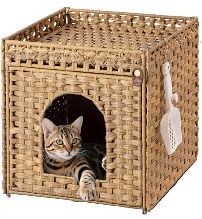 Klippehop Kattgrotta kattskåp för kattlåda dolda kattlådemöbler, handflätad rottingkatthus med kattlåda (Natur, XL)