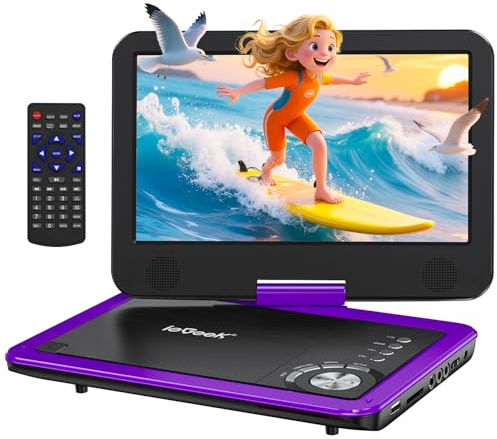 ieGeek 12.5 Portable DVD Player with 10.5 HD Swivel Screen, 5 Hrs Battery, Car Travel DVD Players for Kids & Elderly, Region Free, Support Sync TV/USB/SD Card/Earphone/Multiple Disc Formats, Purple