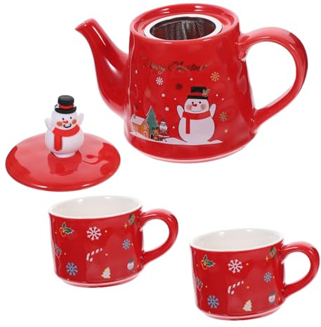 TOBBOMEY Teiera in Ceramica Natalizia Set Da Tè Portatile 3 Pezzi Bollitore Coppia Di Tazze Rosso Design Salvaspazio Per Uso Domestico e Ufficio