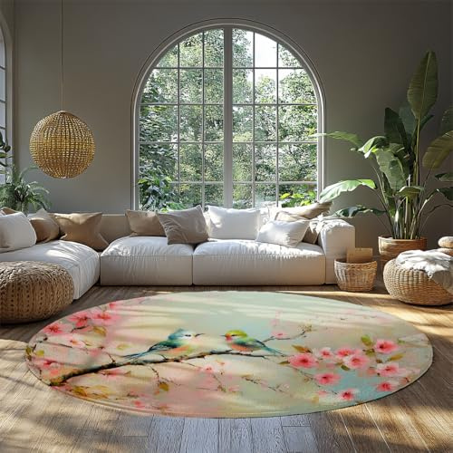 Alfombra habitación redonda vintage Farmhouse Lavable a máquina Tapete oriental acento con pájaros y flores cerezo para guardería/niños Dormitorio Sala estar Entrada Rosa pastel y verde 150cm
