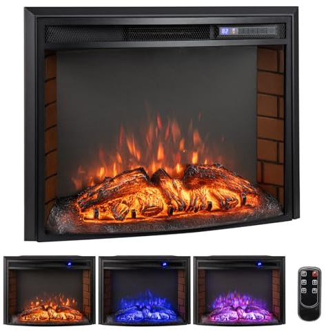 COSTWAY Cheminée Électrique Murale Encastrable Courbé, Cheminée Chauffage 17°C à 28°C 750W/1500W avec Télécommande, Protection Contre Surchauffe Minuterie 6H 3 Couleurs 6 Luminosité de Flammes