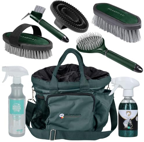 Waldhausen - Set per la cura dei cavalli Supreme | 8 pezzi con custodia per la pulizia – spazzole, strisce, raschietto, lozione e spray glitterato | Set completo per pelliccia, criniera e zoccoli |