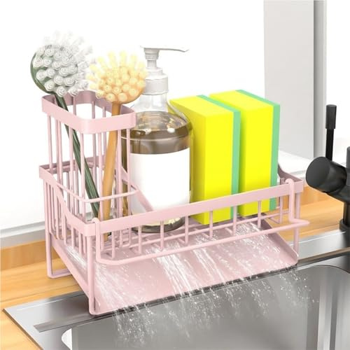 FunMacchi Spülbecken Organizer,Spülbecken Küchen Spüle Sink Caddy,Schwammhalter Spüllappenhalter Lappenhalter mit Abflusspfanne,Organizer-Korb,Hängewand (Rosa)