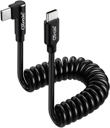 OTraki Cable USB C Espiral Corto 240W Cable USB C a USB C Corto de 90 Grados Câble de Carga Rápida y Câble de Datos para iPhone 17 16 15, para Samsung Galaxy S25 S24 S23 Ultra, Estirar de 0,3m a 0.8m