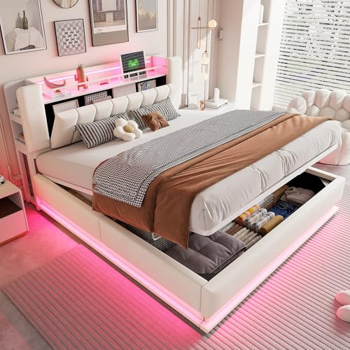 DUlVBPE Smart klädselsäng 180 x 200 cm med LED-belysning, USB- och hydrauliskt förvaringsutrymme, mjukt sammetsskydd och metallram, beige