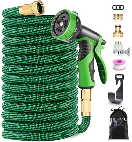 Manguera de riego flexible 45M con Conectores Latón y Pistola 10 Modos, Núcleo 4 Capas Resistente, Adecuado para Riego, Limpieza, Jardines y Césped.