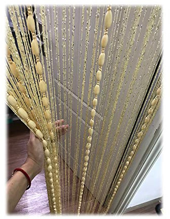 Eyotool Door String Curtain Flat Silver Ribbon Thread with Shaggy Tassel Room Divider, 39’’x79’’ (Beige-style2)