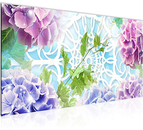 Runa Art Wandbild Blumen Hortensien 1 Teilig 100 x 40 cm Modern Bild auf Vlies Leinwand Mandala Wohnzimmer Bunt 017512b