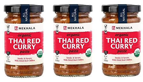 Mekhala Organic Thai Red Curry Paste Value 3-Pack. VEGAN. GLUTEN-FREE. NO ADDED SUGAR. Versatile. HOT (3x3.5oz)