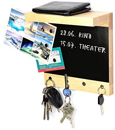 Schlüsselbrett 205 Holz für die ganze Familie | Schlüsselboard mit Ablage | Schlüsselleiste Nussbaum mit 5 Schlüsselanhängern zum selbst beschriften | Memoboard Magnet Tafel mit Kreidestift | Birke