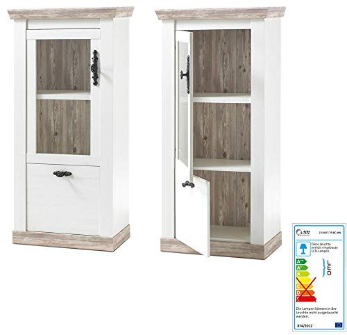 Lomadox Vitrine im Landhaus Stil in Pinie Weiss inkl. LED-Rückwandbeleuchtung