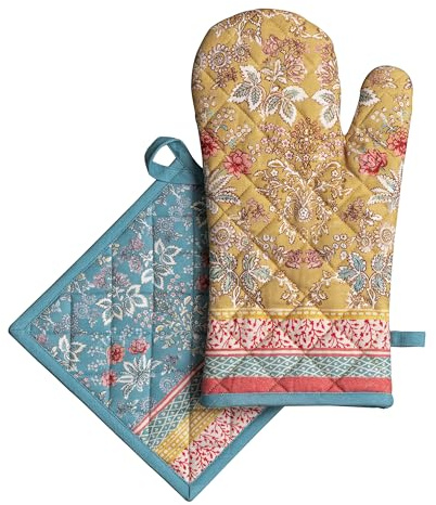 Maison d' Hermine 100% Cotton Oven Mitt & Pot Holder Set (7.5x13 & 8x8) Heat Resistant BBQ Cooking Gloves with Loop Baking Grilling Kitchen Gifts for Mothers Day Spring/Summer (Marquise)