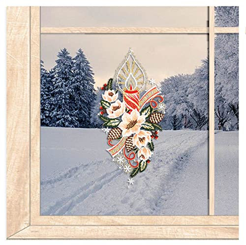 atelier alles-Spitze Elegantes Weihnachts-Fensterbild Festliche Kerze aus bunter Luftspitze | Hochwertige Fensterdekoration | Wiederverwendbar | BxH 18 x 37 cm