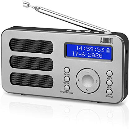 August MB225 - Radio Portable Rechargeable FM Dab RNT - Petite Radio Numérique Stéréo Portative Digitale avec Batterie Alarme Poste 40 Présélections et Prise écouteurs (Argent)