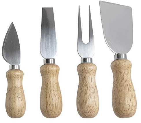 MIJOMA Juego de 4 cubiertos para queso con mango de madera, cuchillo de queso blando, cuchillo de queso duro, espátula para queso y tenedor de queso.