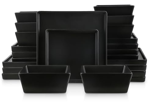 Stone Lain 24 Pieces Stoneware Square Dinnerware Set, Black Matte