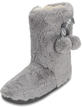 Polar Womens Faux Fur Slipper Boots - Memory Foam Indoor Bootie Slipper with Anti-Slip Rubber Sole - Soft and Fluffy House Slipper with Cute Pompoms - Ankle Boot Slippers - Light Grey AYC0902/UK5