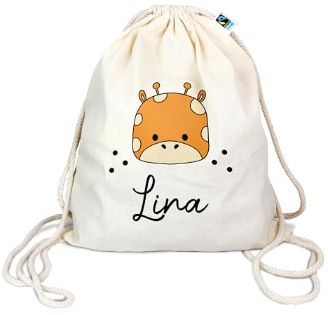 Manilu Bio Turnbeutel mit Namen personalisiert & Bedruckt | Motiv Giraffe | Stoffbeutel Schuhbeutel Sportbeutel Wäschebeutel Rucksack für Kinder Jungen & Mädchen | inkl. NAMENSDRUCK