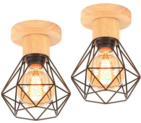 TOKIUS Deckenlampe, 16CM Vintage Deckenleuchte im Industrial Design Retro E27 Lampe aus Holz Eisen Käfig Pendelleuchte Schwarz (2 Stücke)