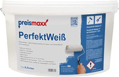 Preismaxx Perfektweiß Wandfarbe Weiß Matt 2,5L – Innenwandfarbe Tropf- & Spritzarm