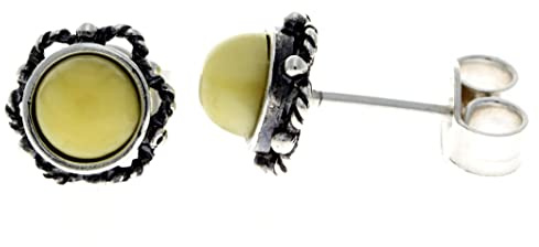 SilverAmber Jewellery - Orecchini a bottone rotondi classici in vera ambra baltica in argento Sterling 925, effetto anticato, 5940, Carta Argento sterling Ambra, Ambra