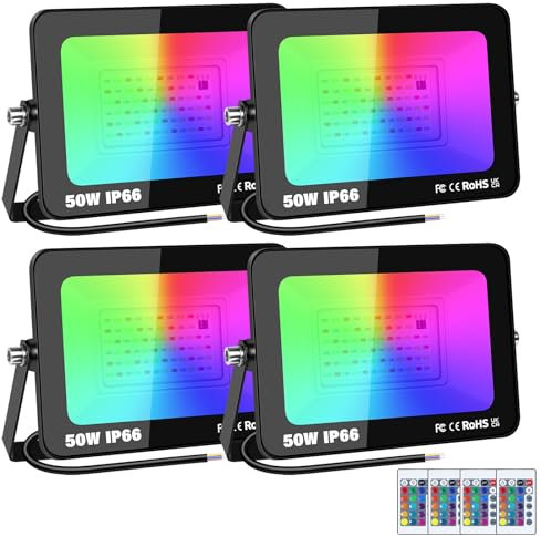 RIGIDON 4 Pack Outdoor RGB LED Floodlight, 50W Dimmable 16 Colour Changing Flood Lights for Garden, Courtyard, Landscap, Stage Decoration, IP66, Electric Mains Powered, Remote Control, 175-265V